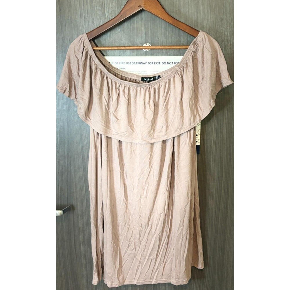Boohoo Swing Dress Women's 10 Brown Off The Shoulder Pleated Sleeveless Pullover